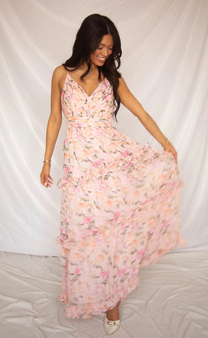 Printed camisole tiered maxi dress - pink