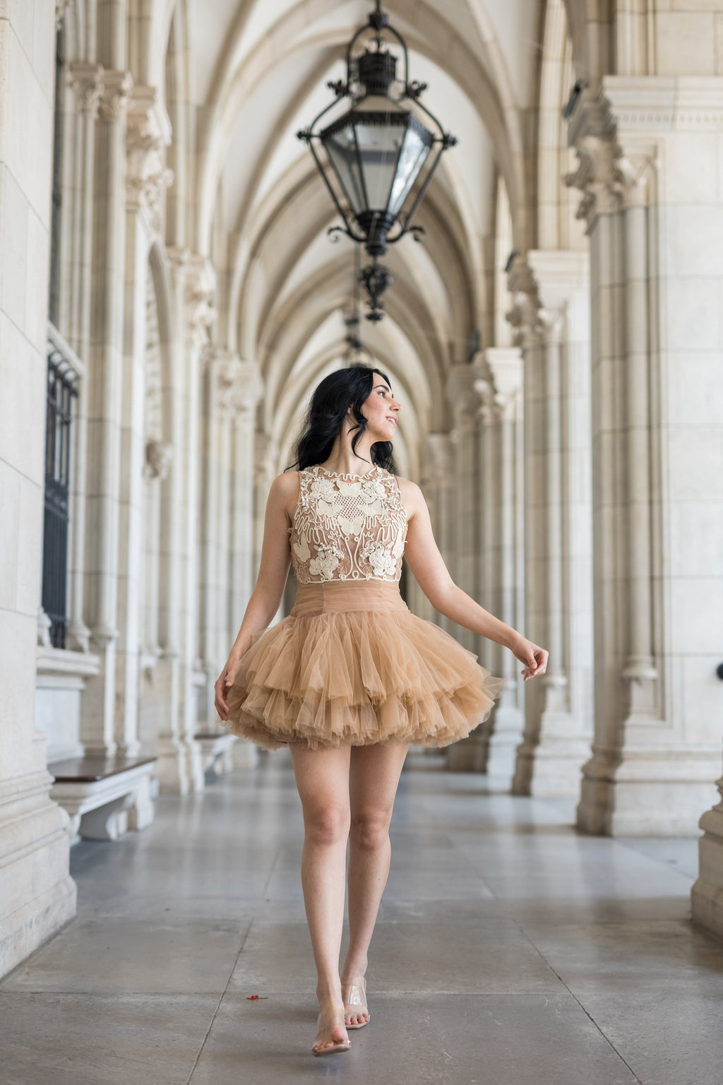 Ballerina |  Beige Tulle Mini Dress with 3D Applique