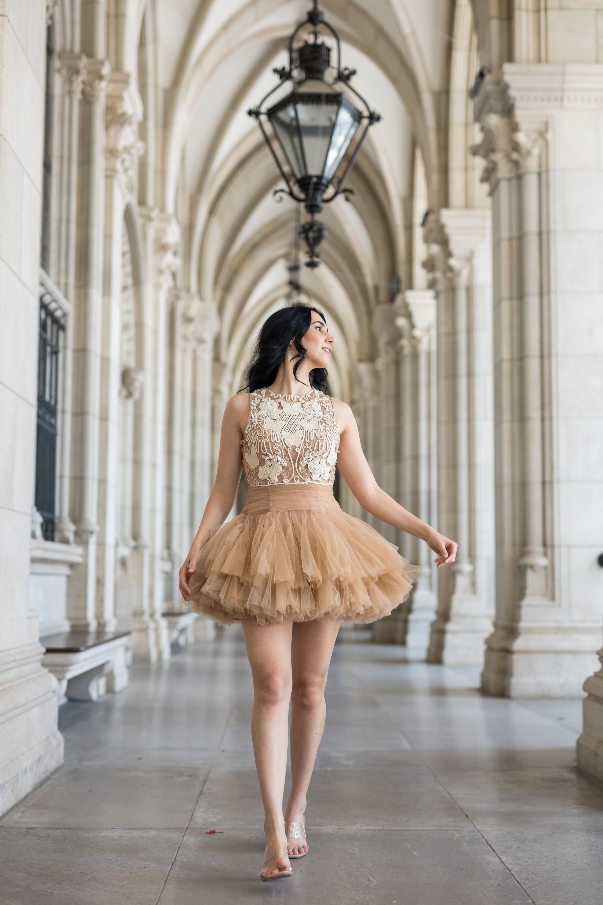 Ballerina |  Beige Tulle Mini Dress with 3D Applique