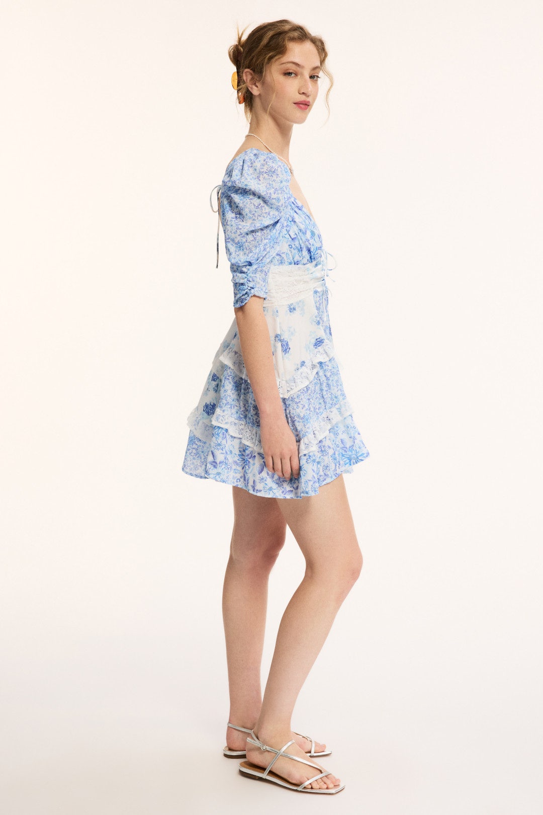 Floral lace patchwork deep V-neck puff sleeves mini dress