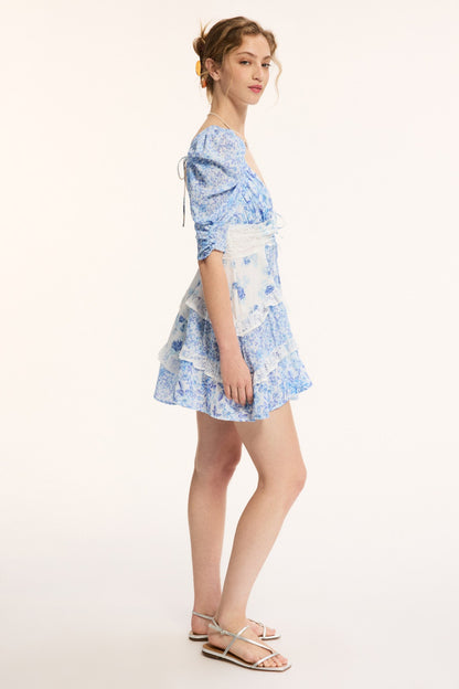 Floral lace patchwork deep V-neck puff sleeves mini dress