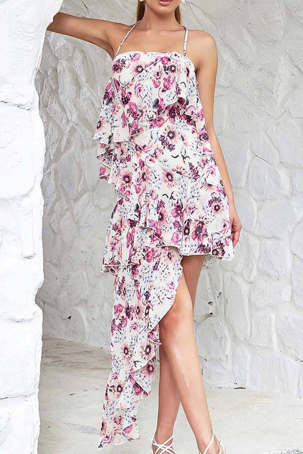 FLORAL PRINT COLD SHOULDER HALTER HIGH LOW DRESS