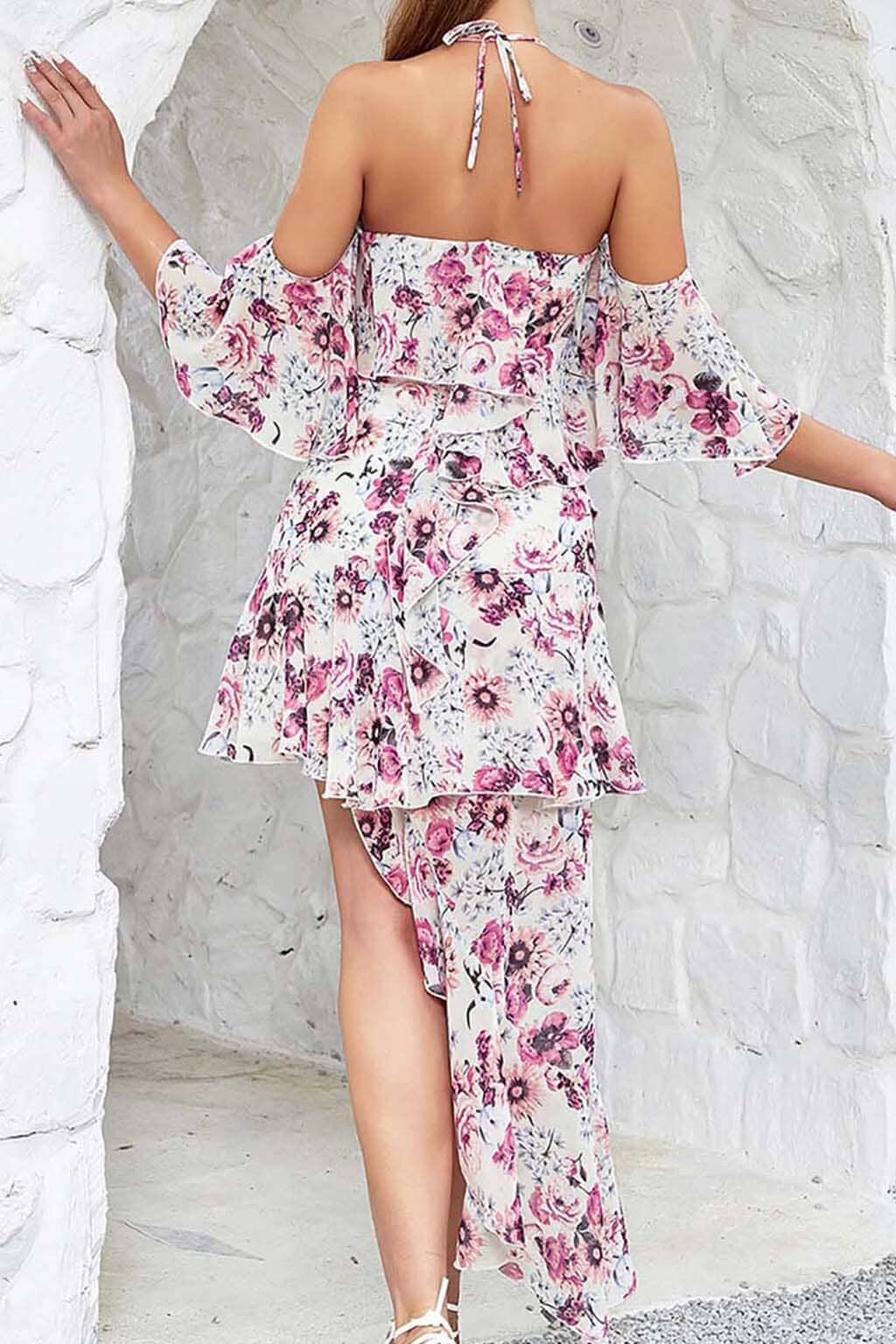 FLORAL PRINT COLD SHOULDER HALTER HIGH LOW DRESS