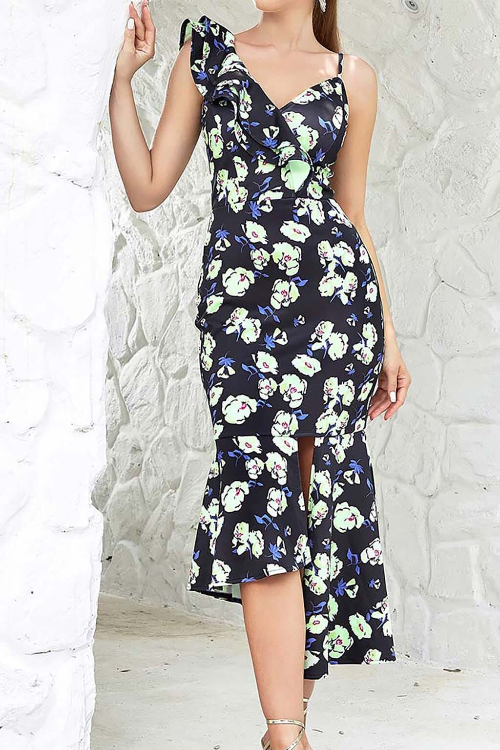 FLORAL PRINT RUFFLES MIDI DRESS