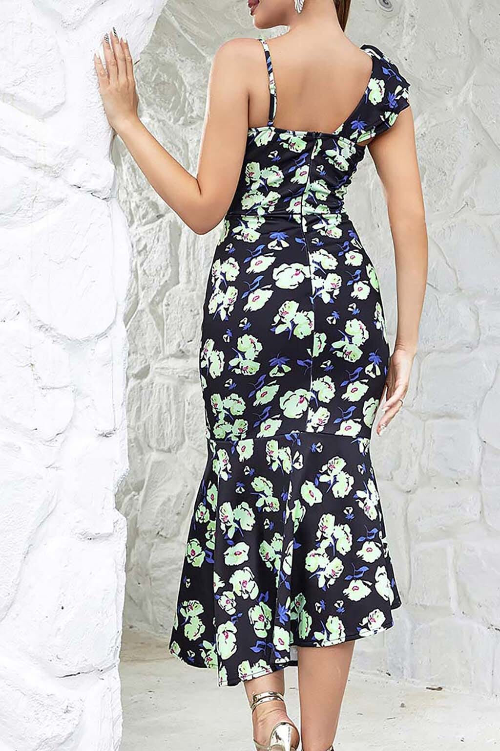 FLORAL PRINT RUFFLES MIDI DRESS