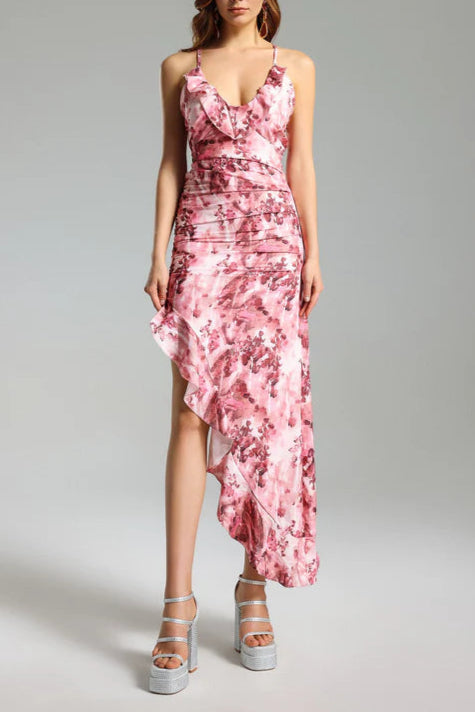 FLORAL RUFFLED SKEW DRESS