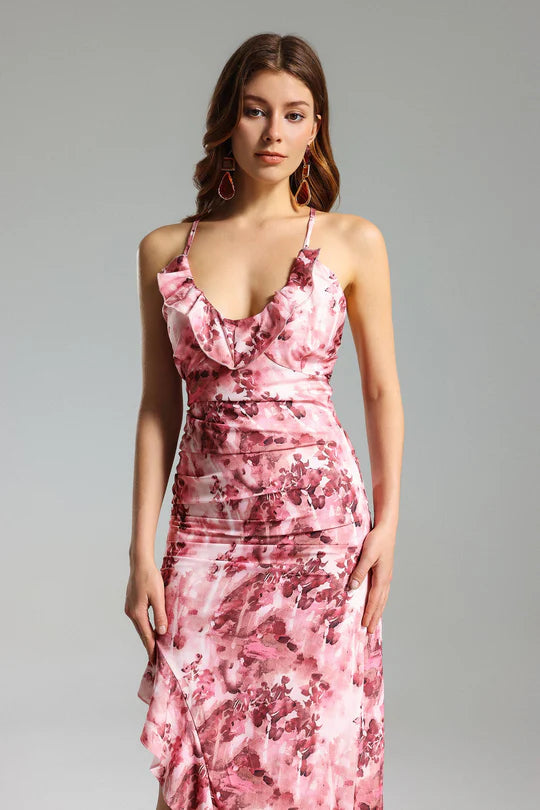 FLORAL RUFFLED SKEW DRESS