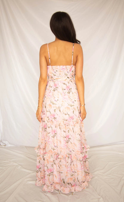 Printed camisole tiered maxi dress - pink