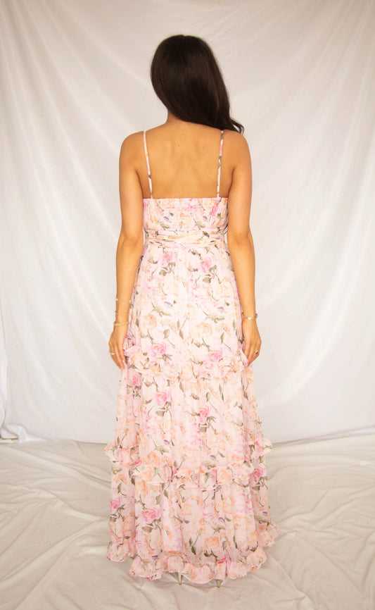 Printed camisole tiered maxi dress - pink