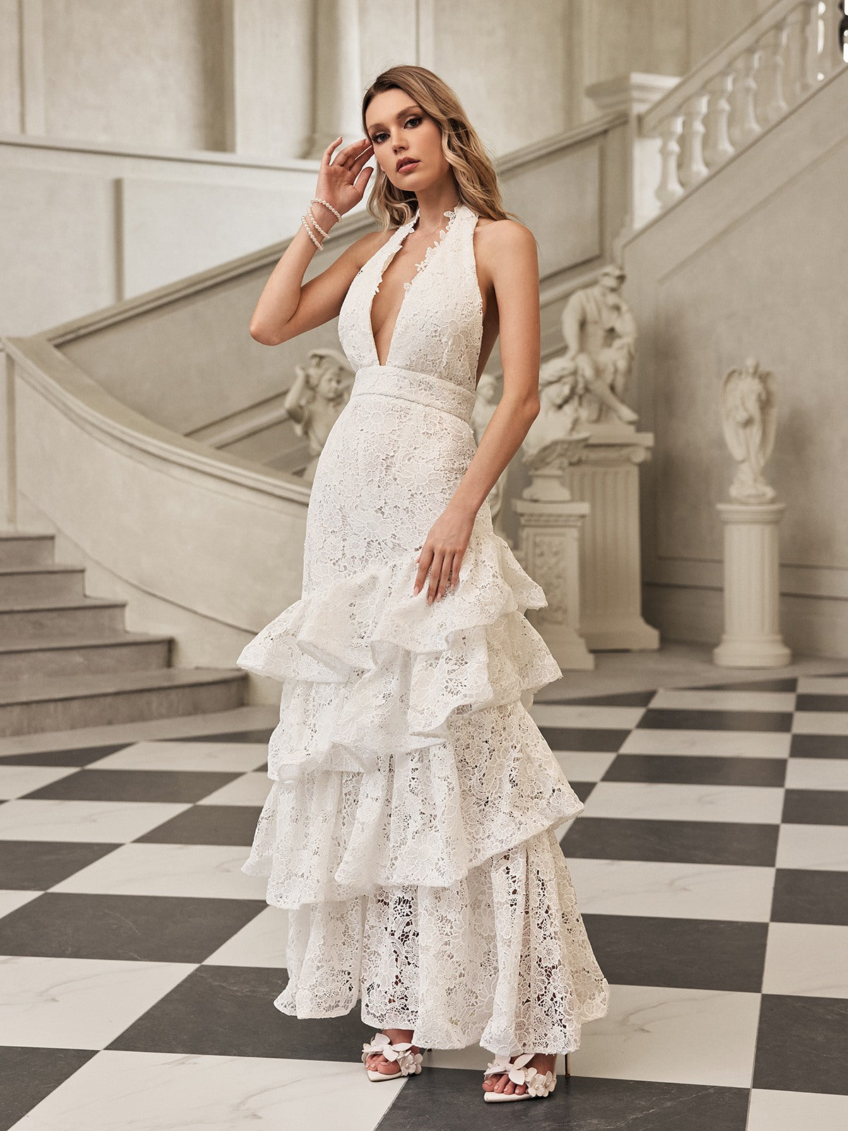 hazel white Deep V-neck halterneck layer ruffle trim maxi dress