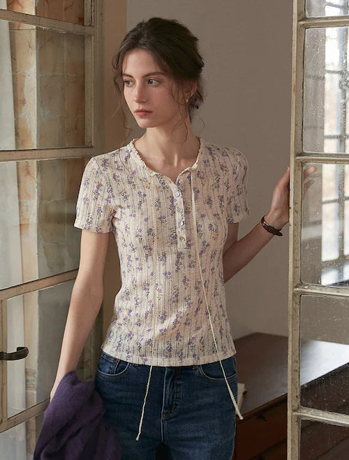 Floral Knit Short Sleeve Lace Collar Top