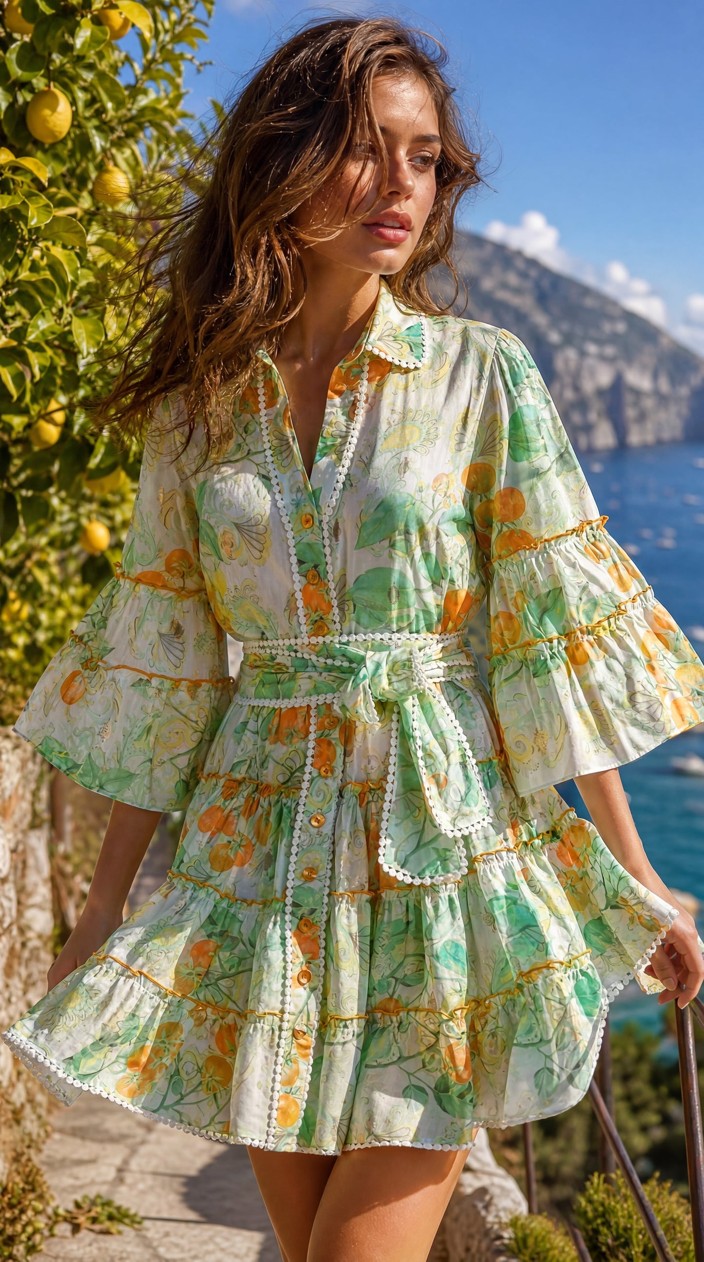 Botanical Print Lace Single Breasted Mini Dress - Green