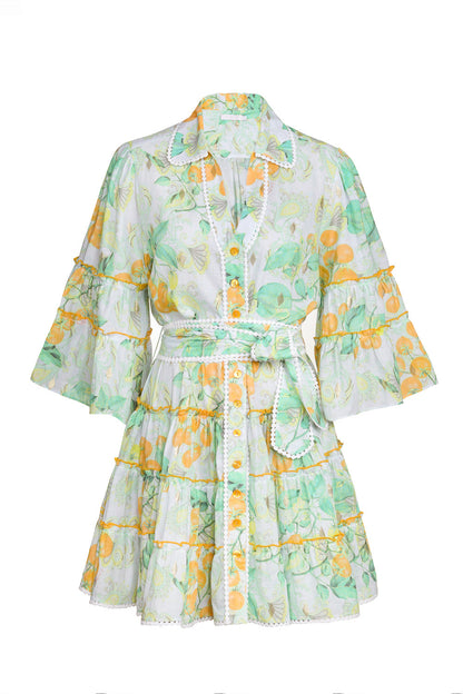 Botanical Print Lace Single Breasted Mini Dress - Green
