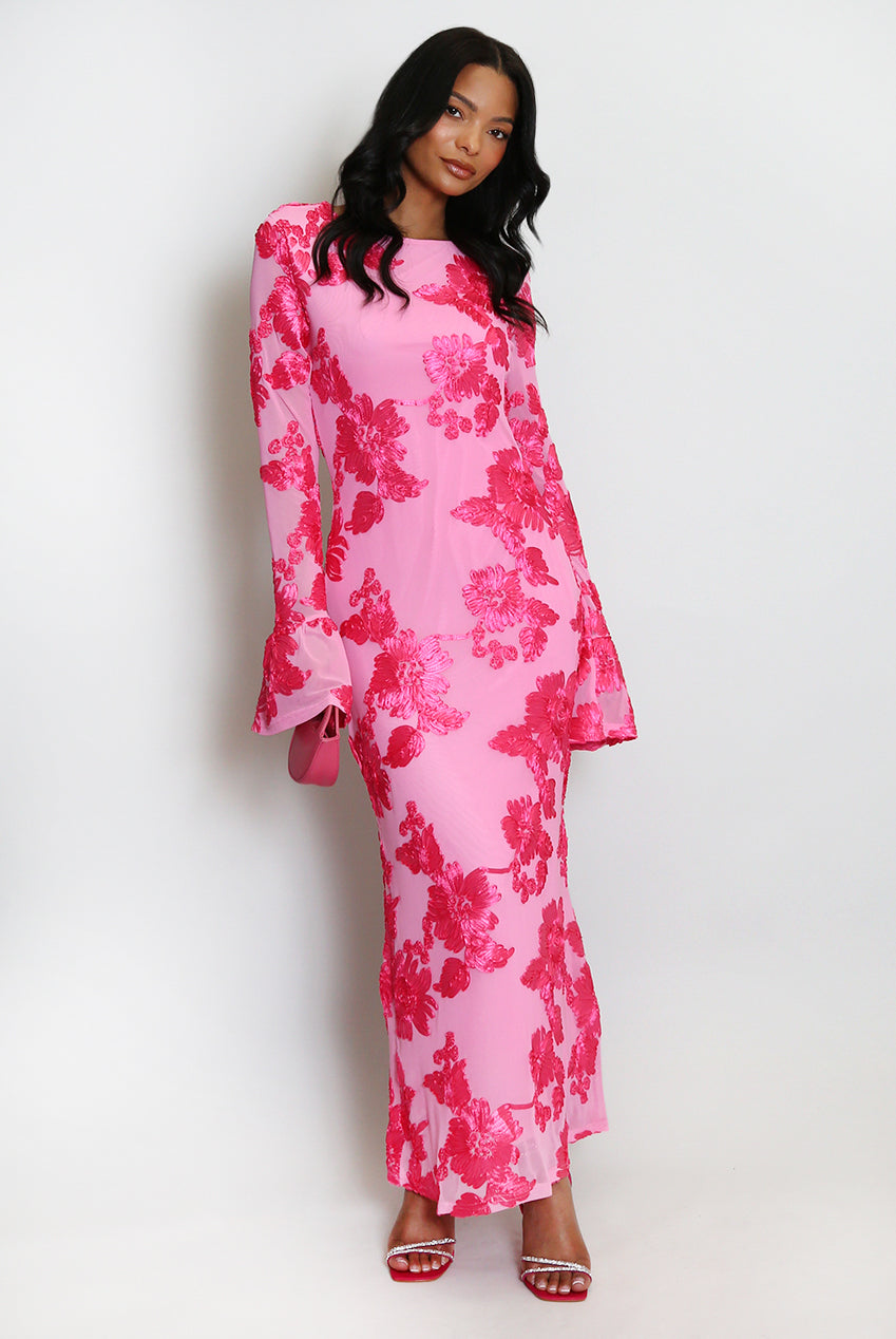 Floral Lace Lined Flute Cuffs Midi Dress