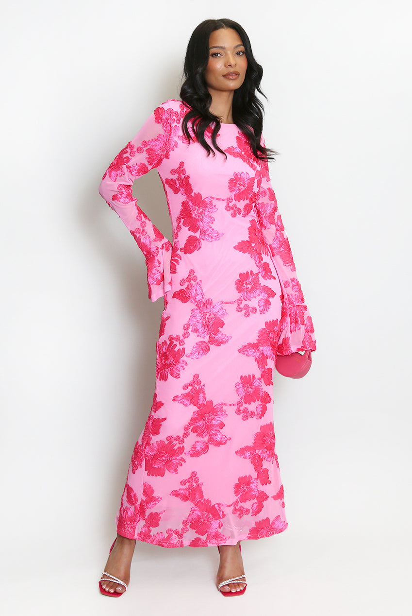 Floral Lace Lined Flute Cuffs Midi Dress