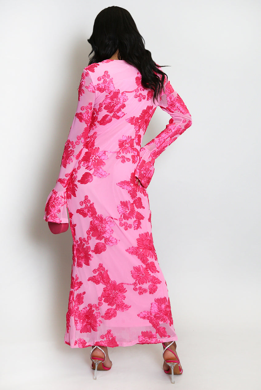 Floral Lace Lined Flute Cuffs Midi Dress
