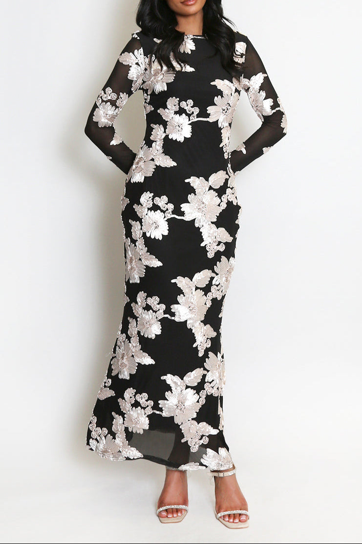 Floral Lace Lined Flute Cuffs Midi Dress