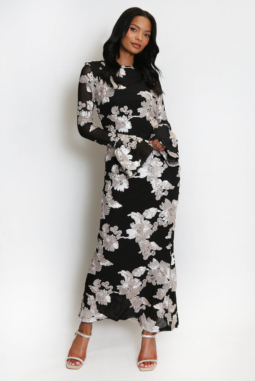 Floral Lace Lined Flute Cuffs Midi Dress