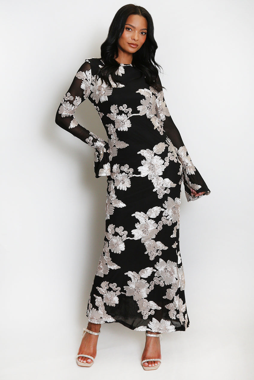 Floral Lace Lined Flute Cuffs Midi Dress