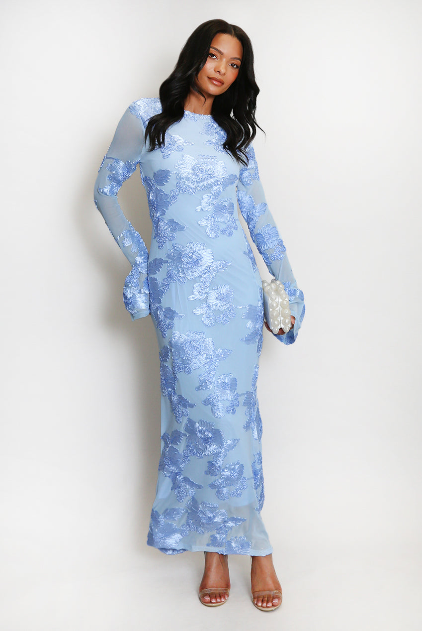 Floral Lace Lined Flute Cuffs Midi Dress