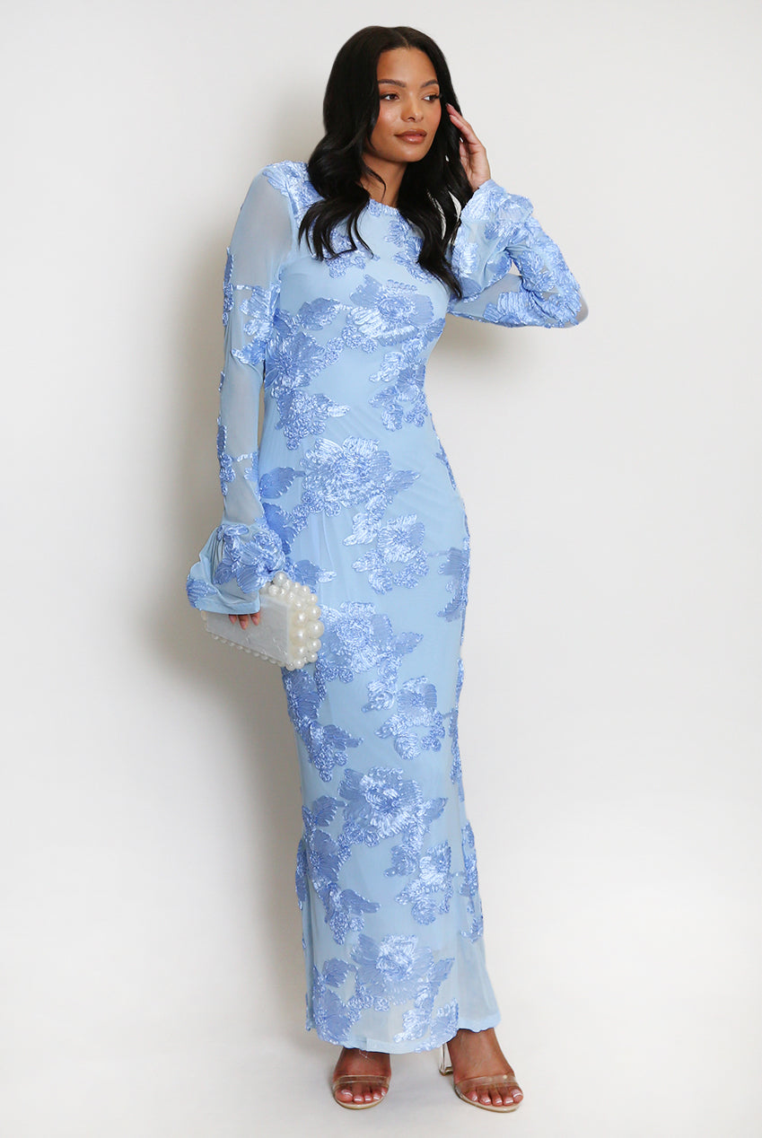 Floral Lace Lined Flute Cuffs Midi Dress