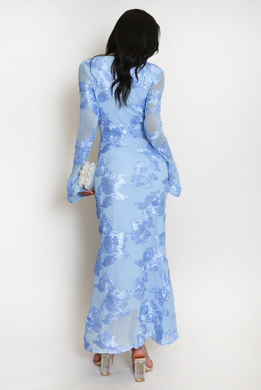 Floral Lace Lined Flute Cuffs Midi Dress