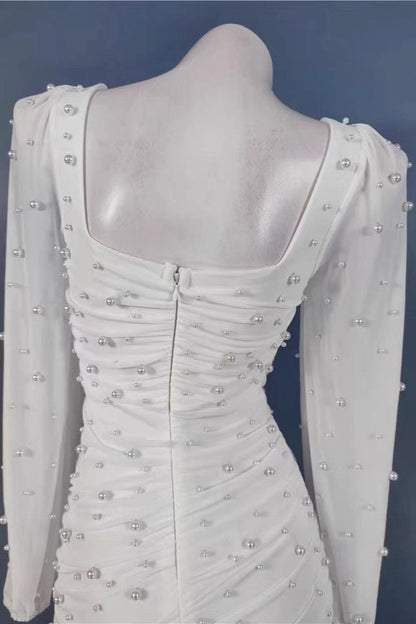 Flirty Luxury Ivory Mesh Pearl Long Sleeve Mini Dress