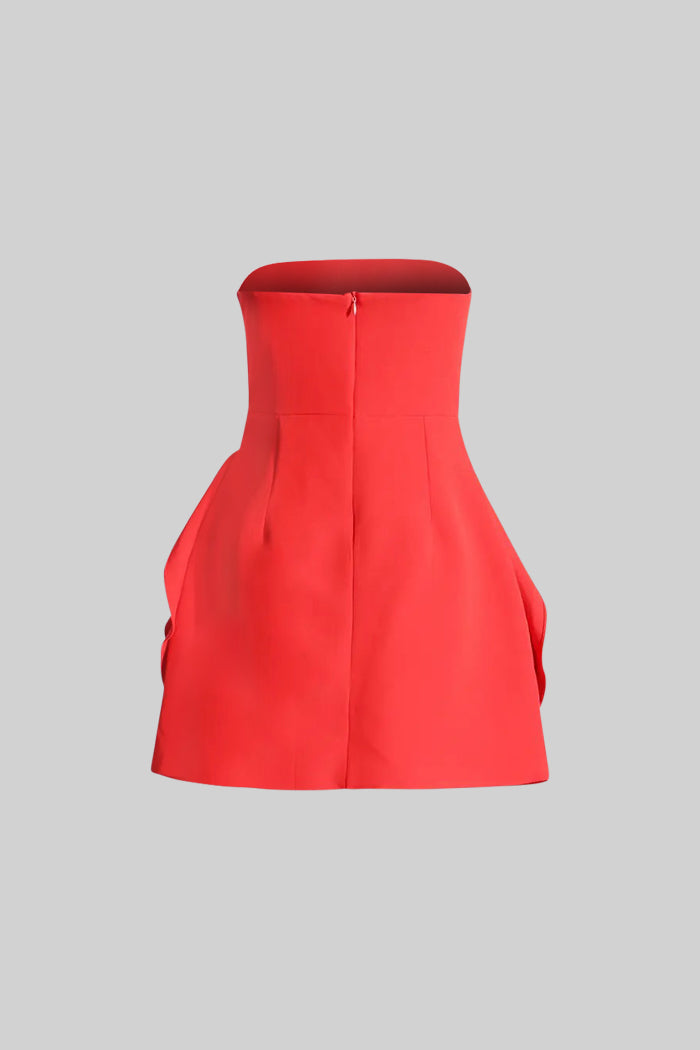 Sleeveless Mini Dress with Voluminous Floral Details - Red