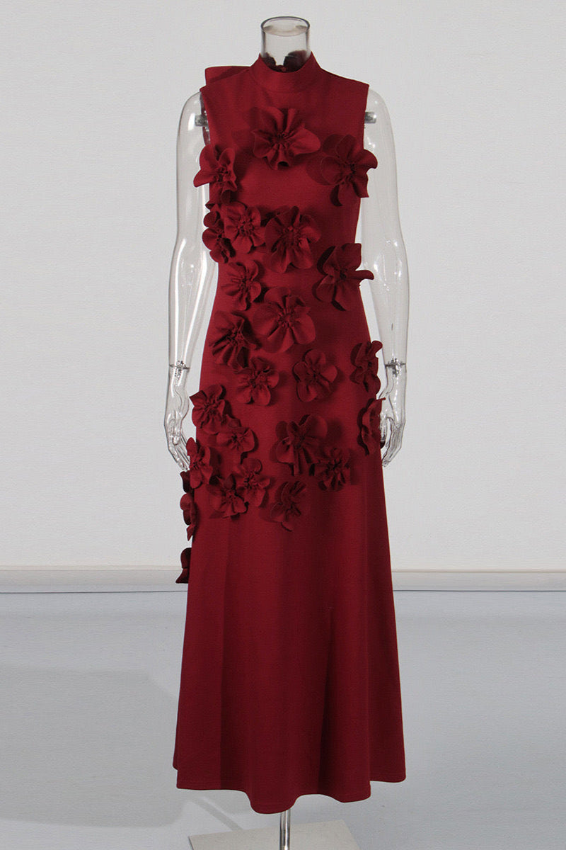 ANNONA RED FLOWER EMBELLISHED MAXI DRESS