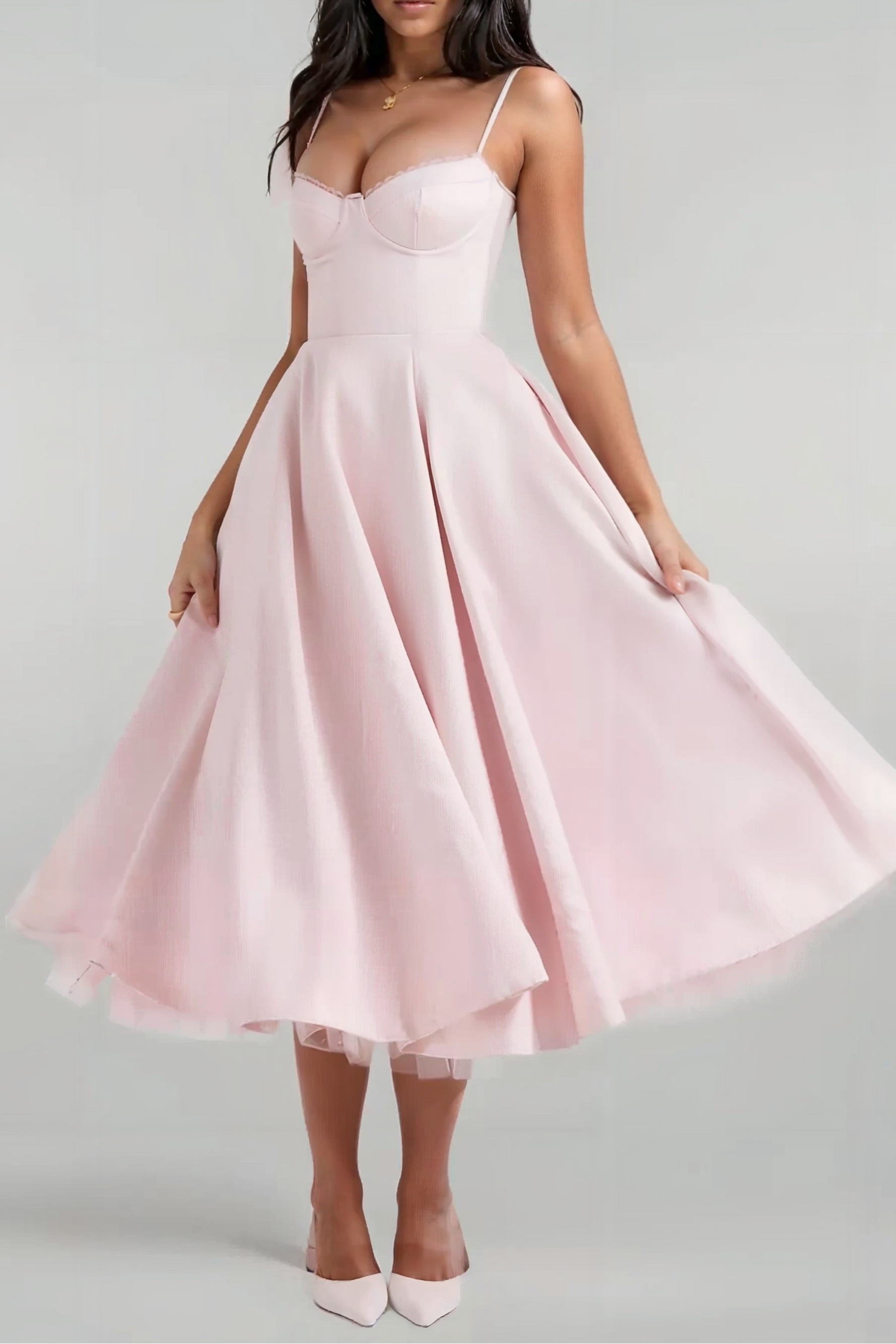 Satin Corset Tulle Layered A-Line Midi Dress - Baby Pink