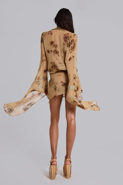 Floral print deep V-neck bell sleeve mini dress - beige
