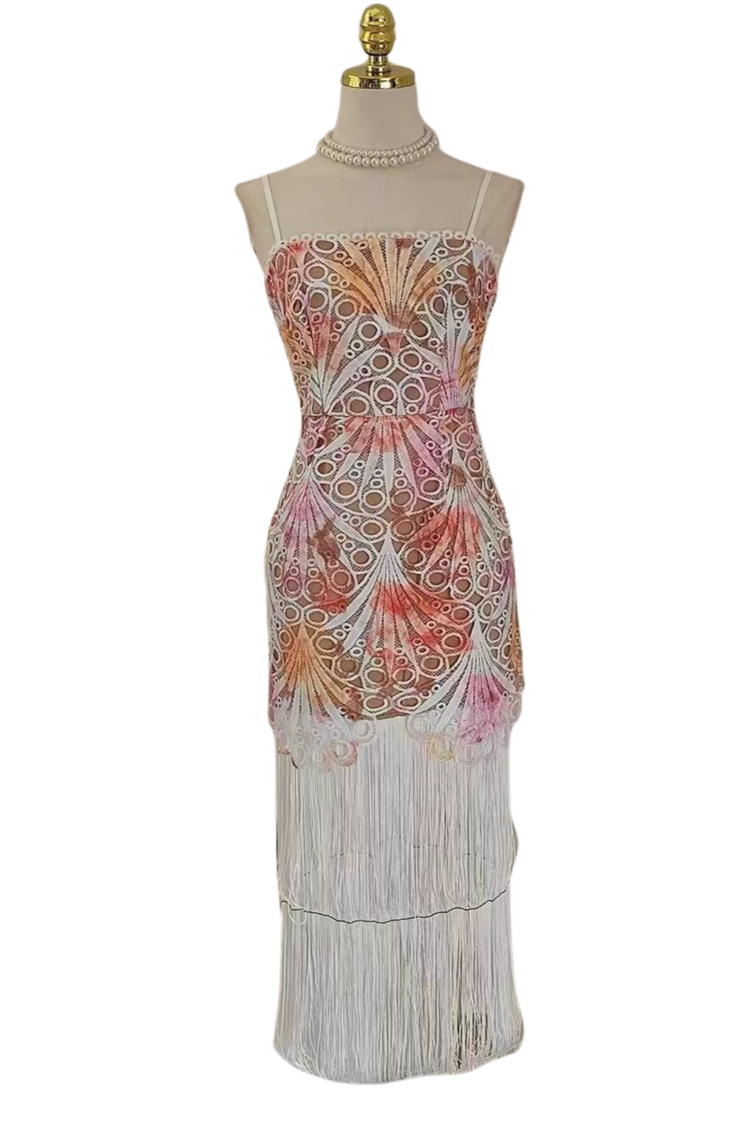 MULTICOLOR EMBROIDERED HOLLOW FRINGE MIDI DRESS