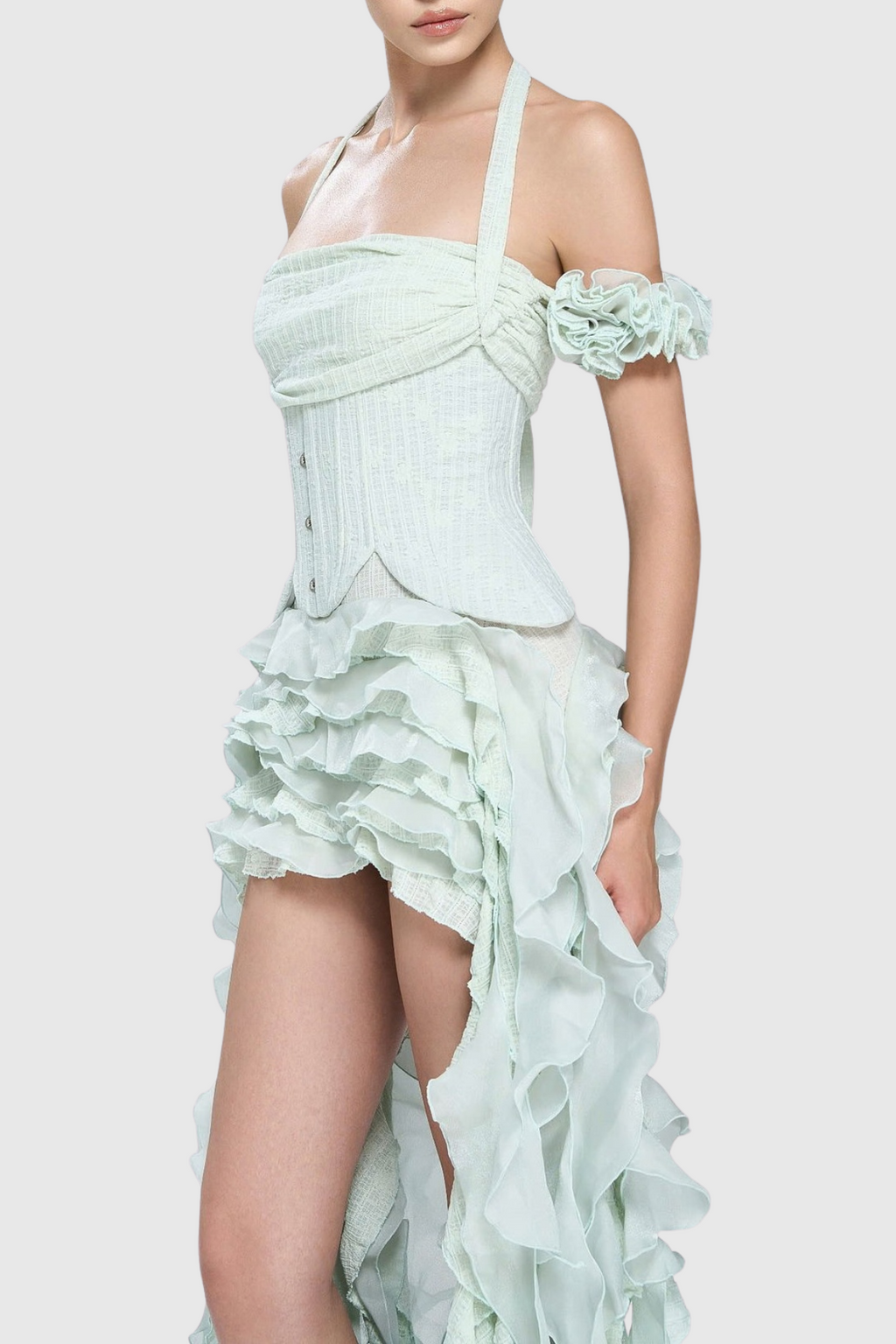 elva halter three-dimensional flower irregular tassel mini dress in mint