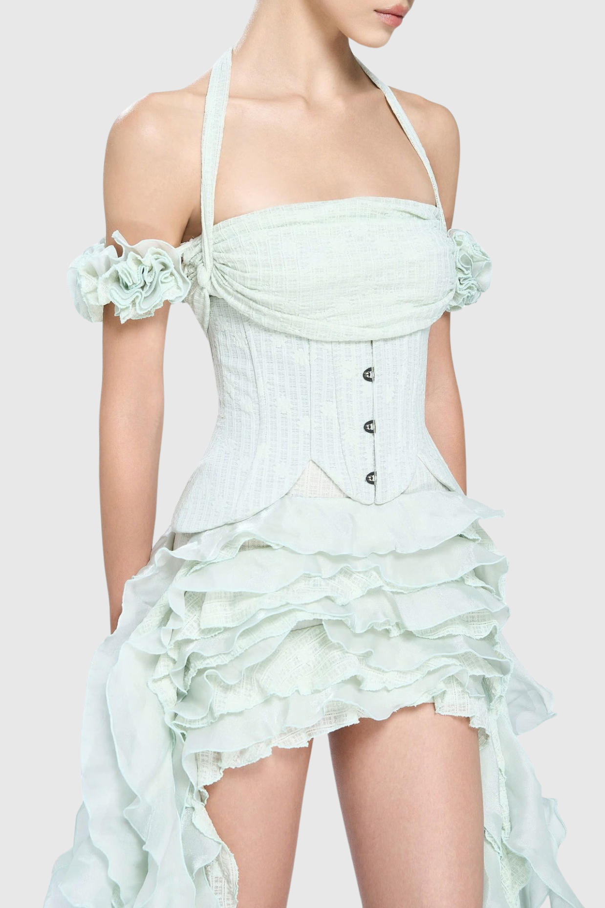 elva halter three-dimensional flower irregular tassel mini dress in mint