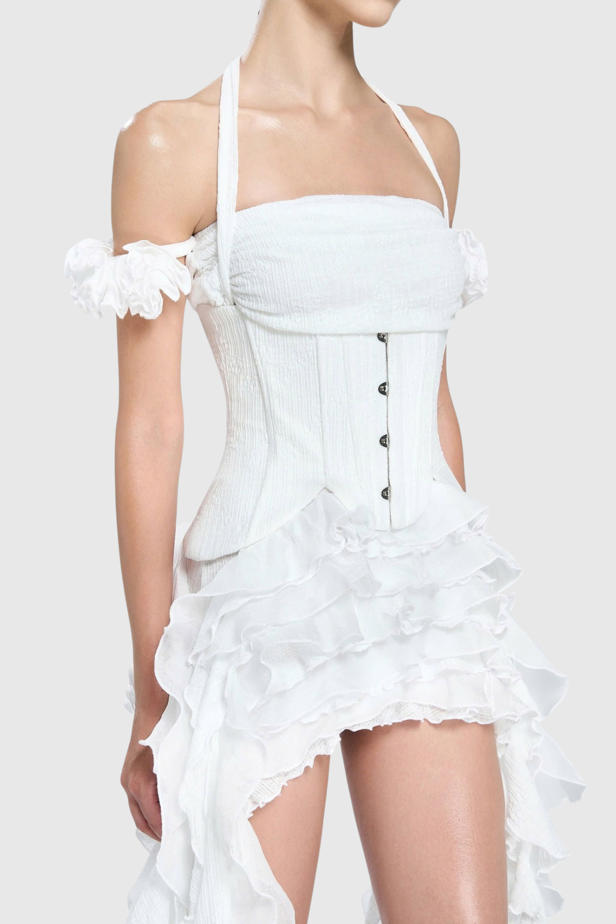 elva halter three-dimensional flower irregular tassel mini dress in white