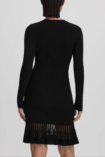 knitted sheer flared mini dress in black