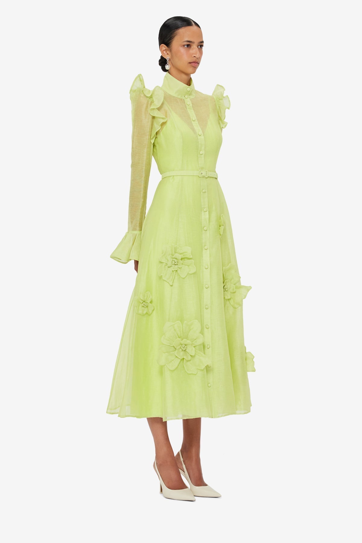 3d flower Butterfly Sleeve Midi Dress - Chartreuse