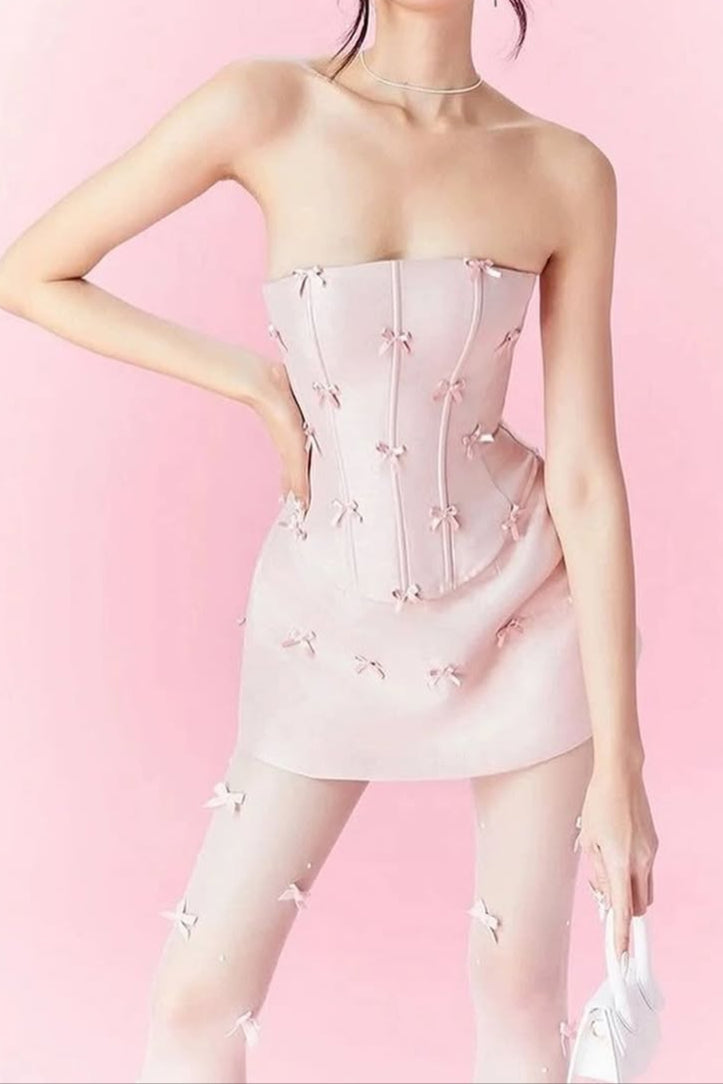 PINK BOW EMBELLISHED STRAPLESS MINI DRESS SET