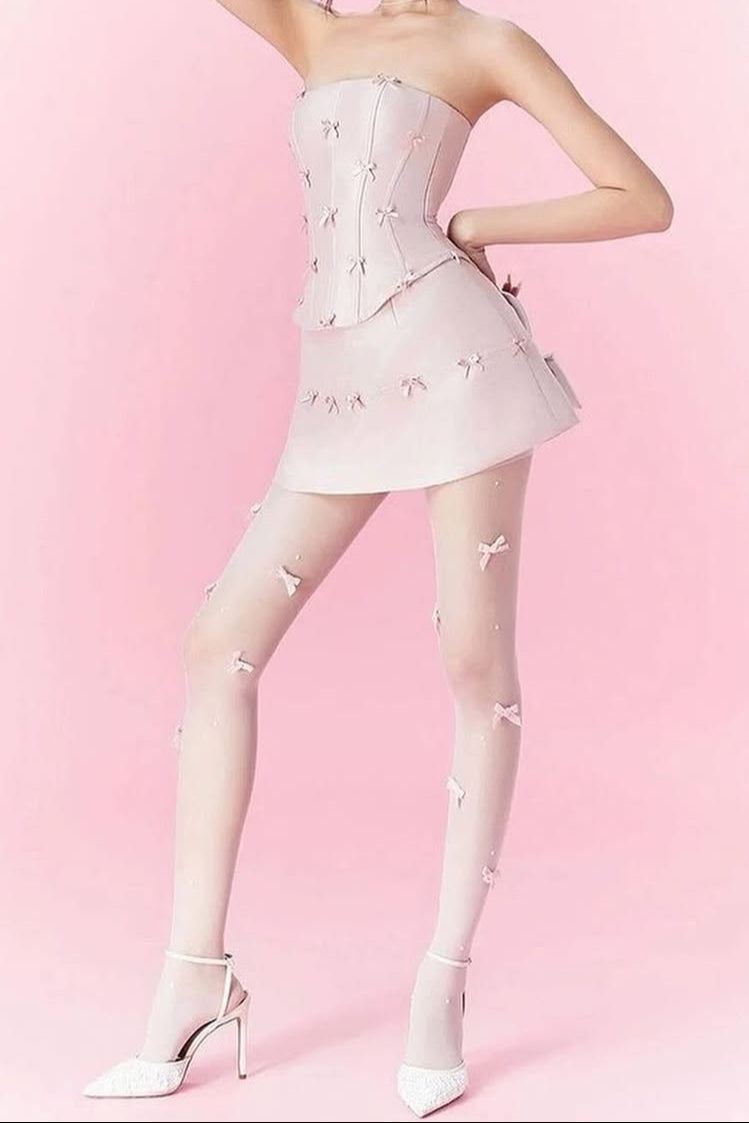 PINK BOW EMBELLISHED STRAPLESS MINI DRESS SET