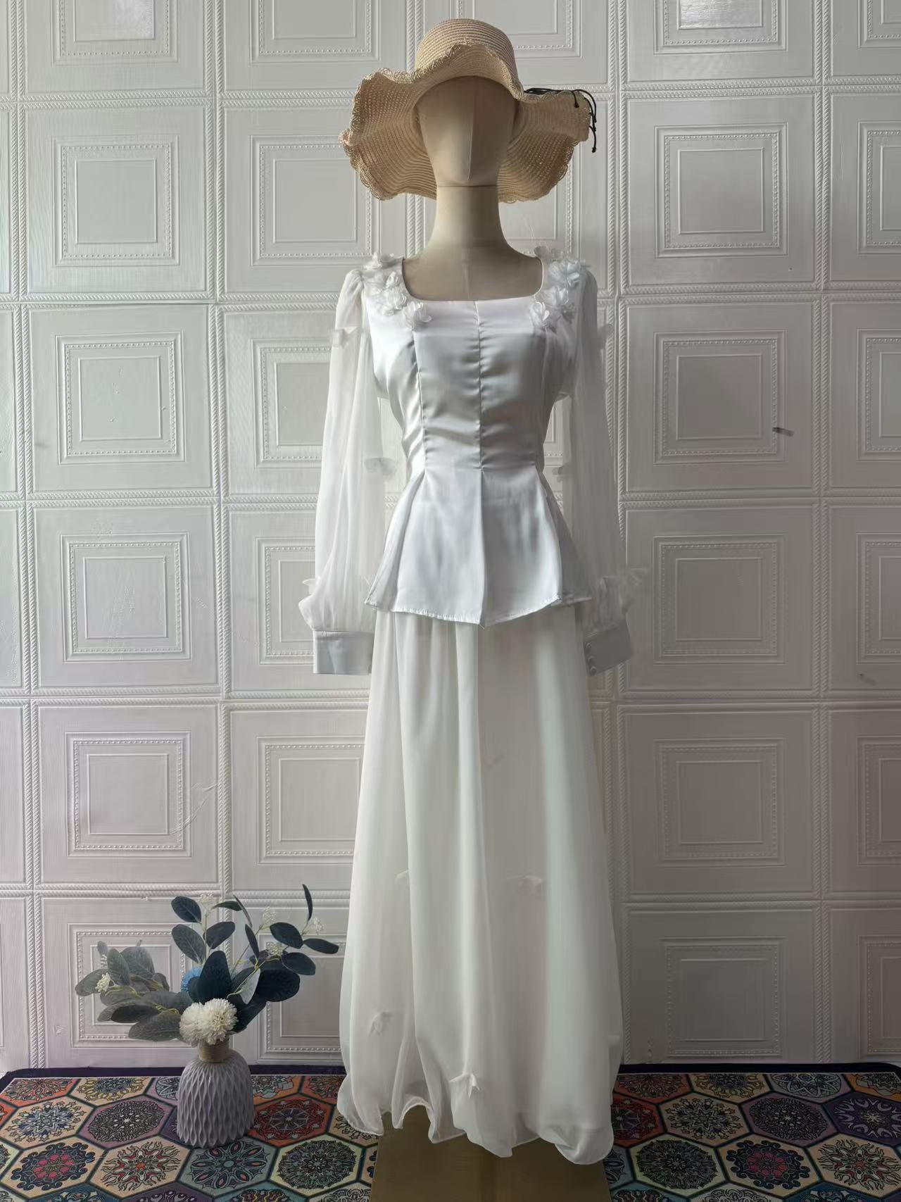 white long-sleeved maxi dress