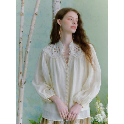 beige hollow embroidered lantern sleeve stand-collar ramie shirt