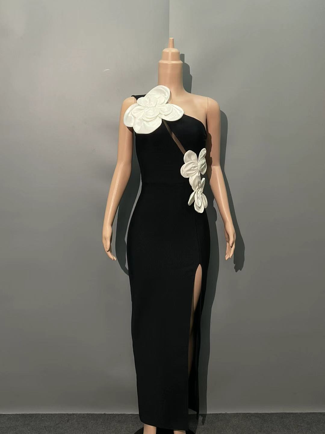 black heloise Flowers Slit One Shoulder Bandage Maxi Dress