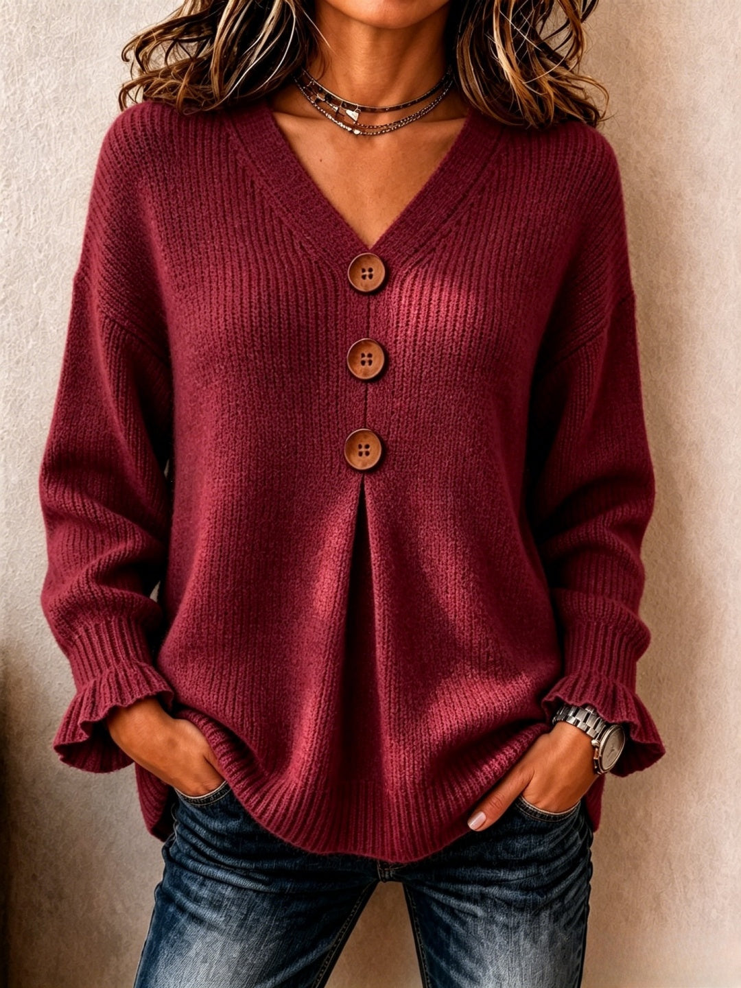 V-neck Ruffled Sleeves Knit Sweater