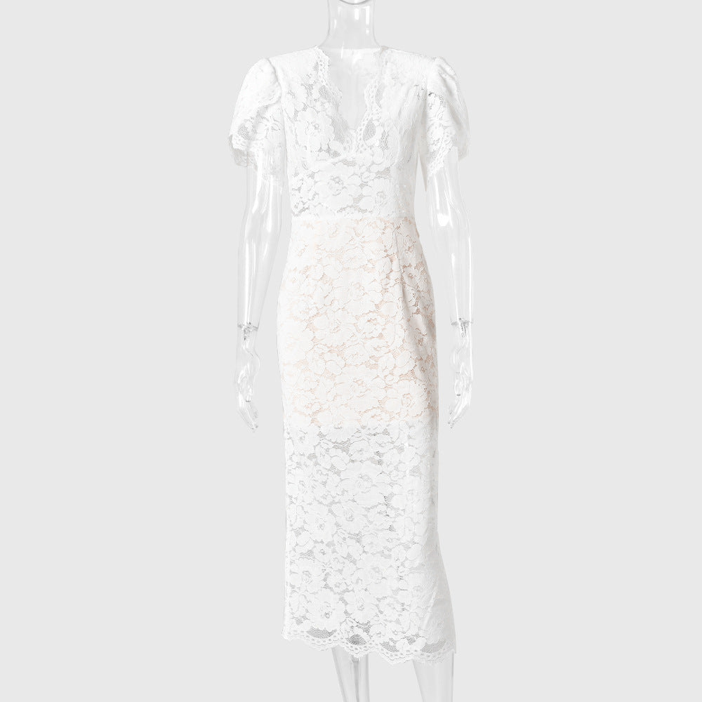 White Floral Lace Midi Dress Premium Fabric - product view 4