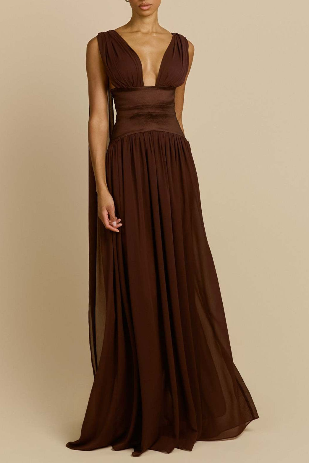 brown swing pleated waist maxi dress