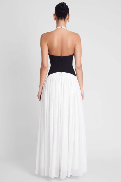 black and white suspender backless maxi dress