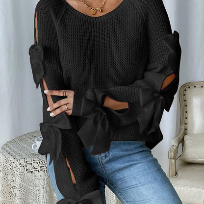 Black Bow-Detail Cold Shoulder Knit Sweater Premium Fabric - product view 1