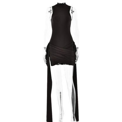 brown round neck sleeveless hip tie dress