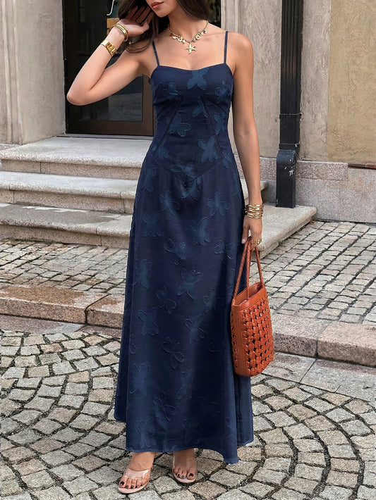 dark blue jacquard suspender waist dress