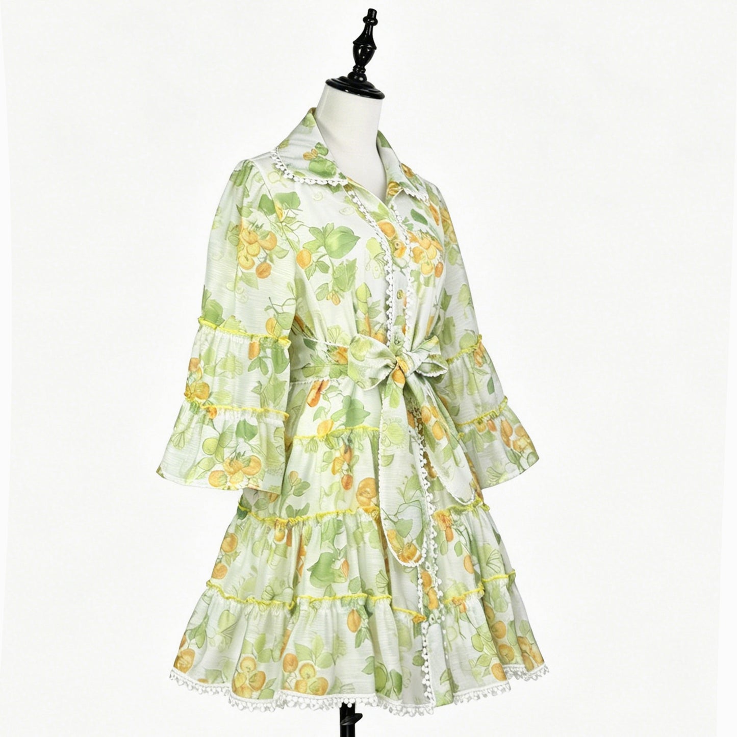 Botanical Print Lace Single Breasted Mini Dress - Green